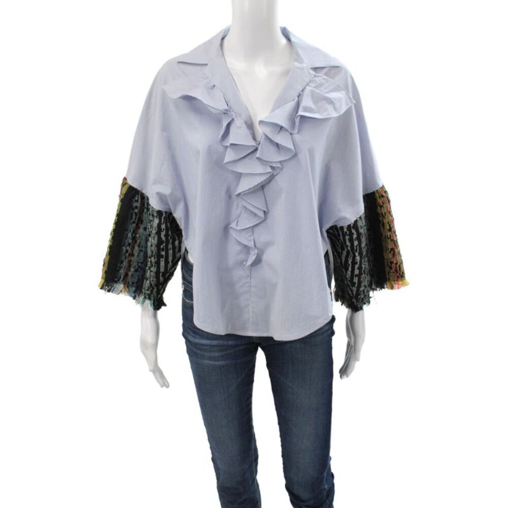 Tome Women Striped Collared Long Sleeve Basic Blouse Blue 98% Cotton Size XS